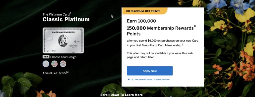 Screenshot of the Amex Platinum 150k signup bonus