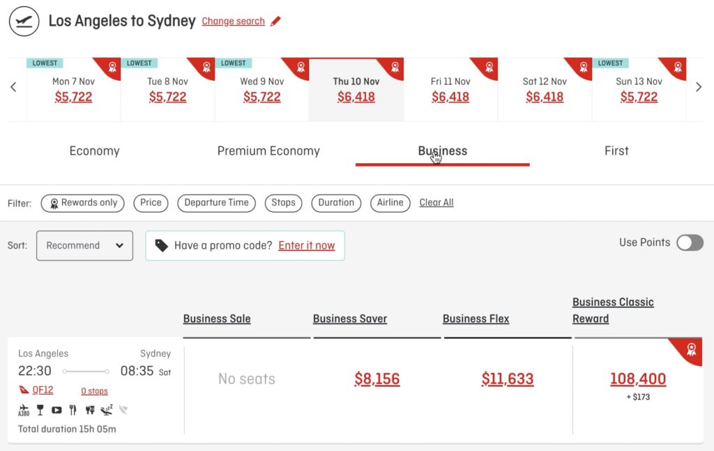 Qantas business flight fare 