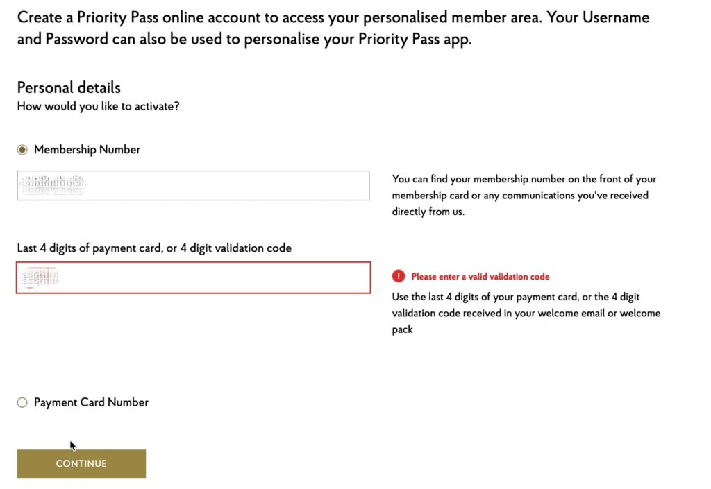 Priority Pass activation page