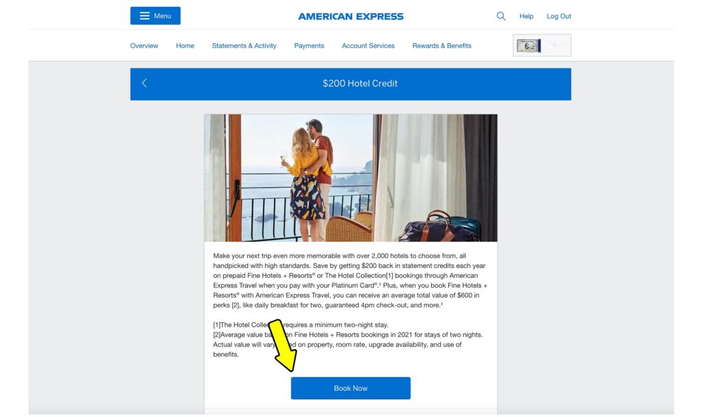 $200 Hotel Credit Amex platinum 