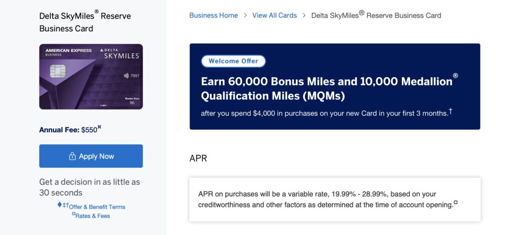 Delta Skymiles Reserve Business card sign-up bonus 