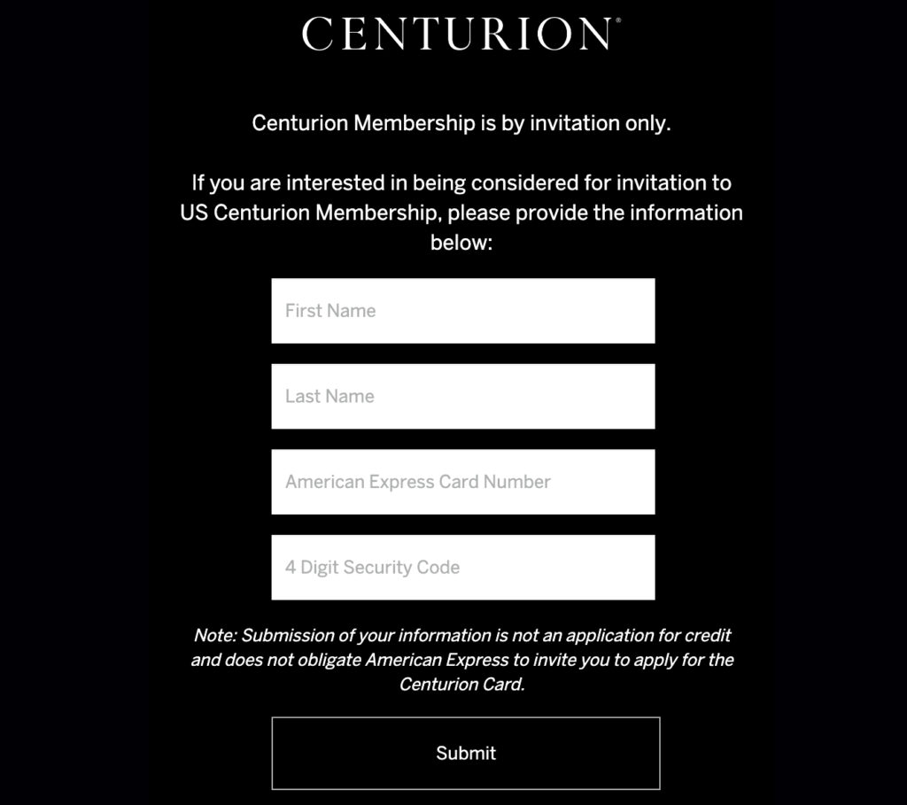 Amex Centurion application page