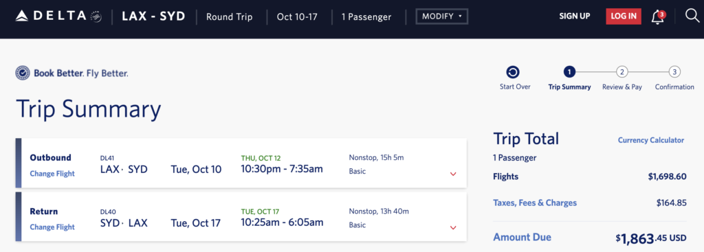 Delta flight cost 