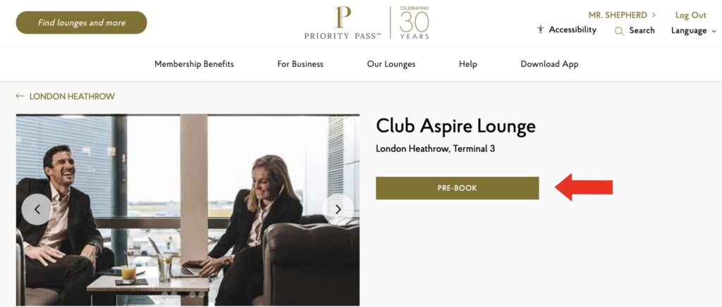 Priority Pass lounge pre-book