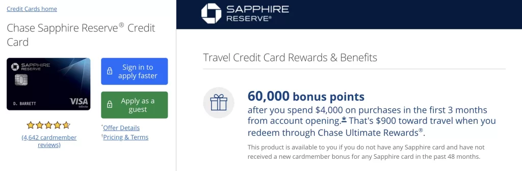 Chase Sapphire Reserve sign up bonus 