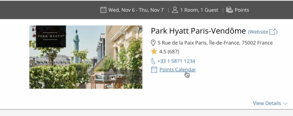 Hyatt Points calendar